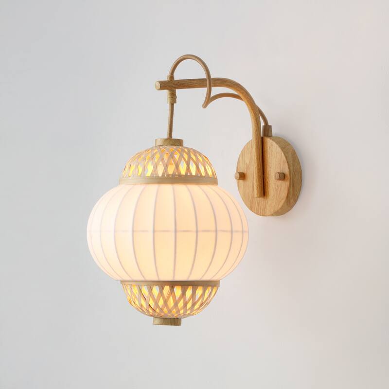 Hikari 1-Light Wood Grain and Natural Wall Sconce with Woven Bamboo Shade