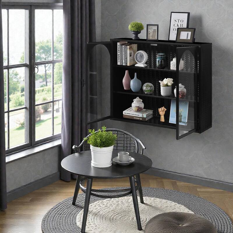 27.56" Modern Glass Door Wall Cabinet with Woven Pattern, 3-Tier Storage Iron and Tempered Glass Cabinet