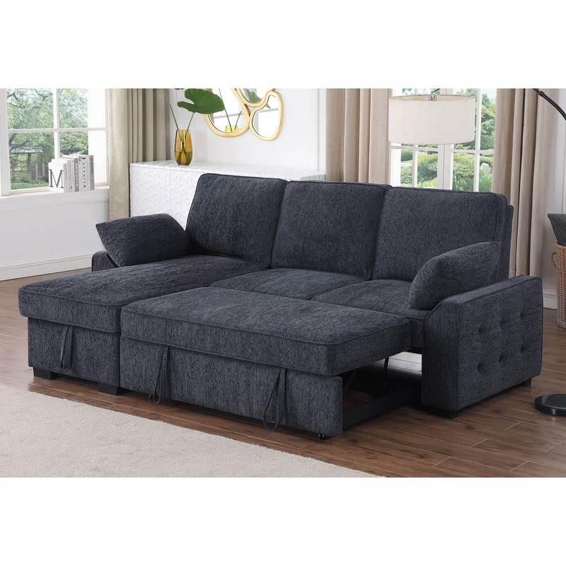 Mackenzie 91"W Chenille Fabric Reversible Sleeper Sectional with Storage Chaise, Drop-Down Table, Cup Holders & Charging Ports