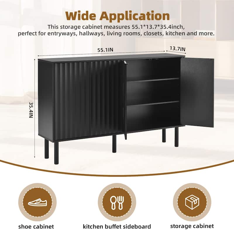 Roomfitters Minimalist 4 Door Shoe Cabinet, Sideboard Storage Cabinet, Adjustable Shelves, Fluted Doors for Living Room