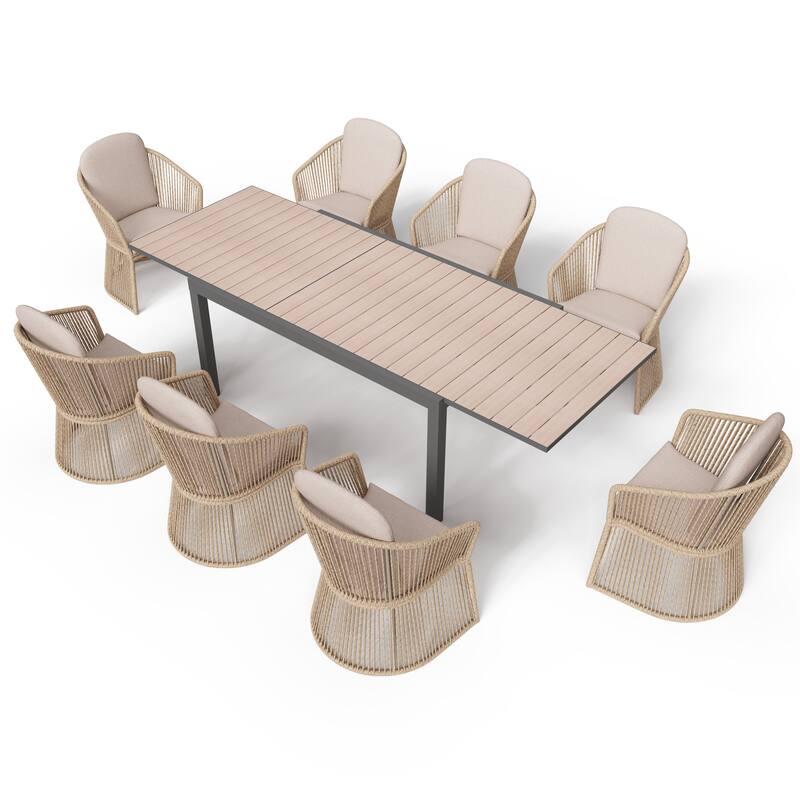 Outdoor Patio Dining Sets with Rattan Chairs and Aluminum Extendable Dining Table for 8 Persons