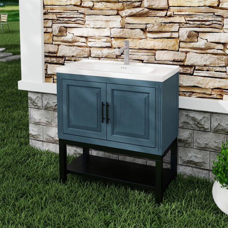 32" Bathroom Vanity with White Ceramic Sink & Hot and Cold Faucet - Blue