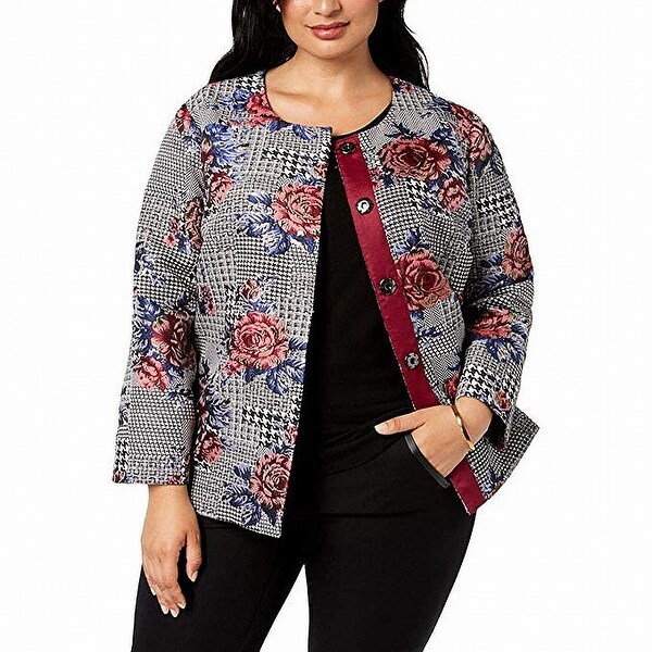 Alfani Womens Jacket Black Size 2X Plus Button Front Floral Print