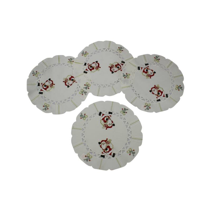 Violet Linen Santa Claus Holly Bows Embroidery Pattern, Polyester Cutwork, Set of 4, Decorative Place Mats