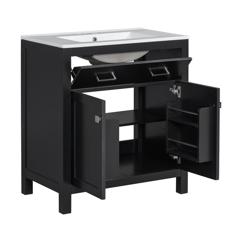 30-Inch Bathroom Vanity with Ceramic Sink, Soft-Close Doors, Shelf & Drawer - Modern Freestanding Cabinet