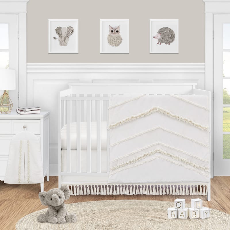 Ivory Gender Neutral Boho Bohemian Collection Girl Boy 4pc Nursery Crib Bedding Set - Off White Farmhouse Chic Fringe Cotton
