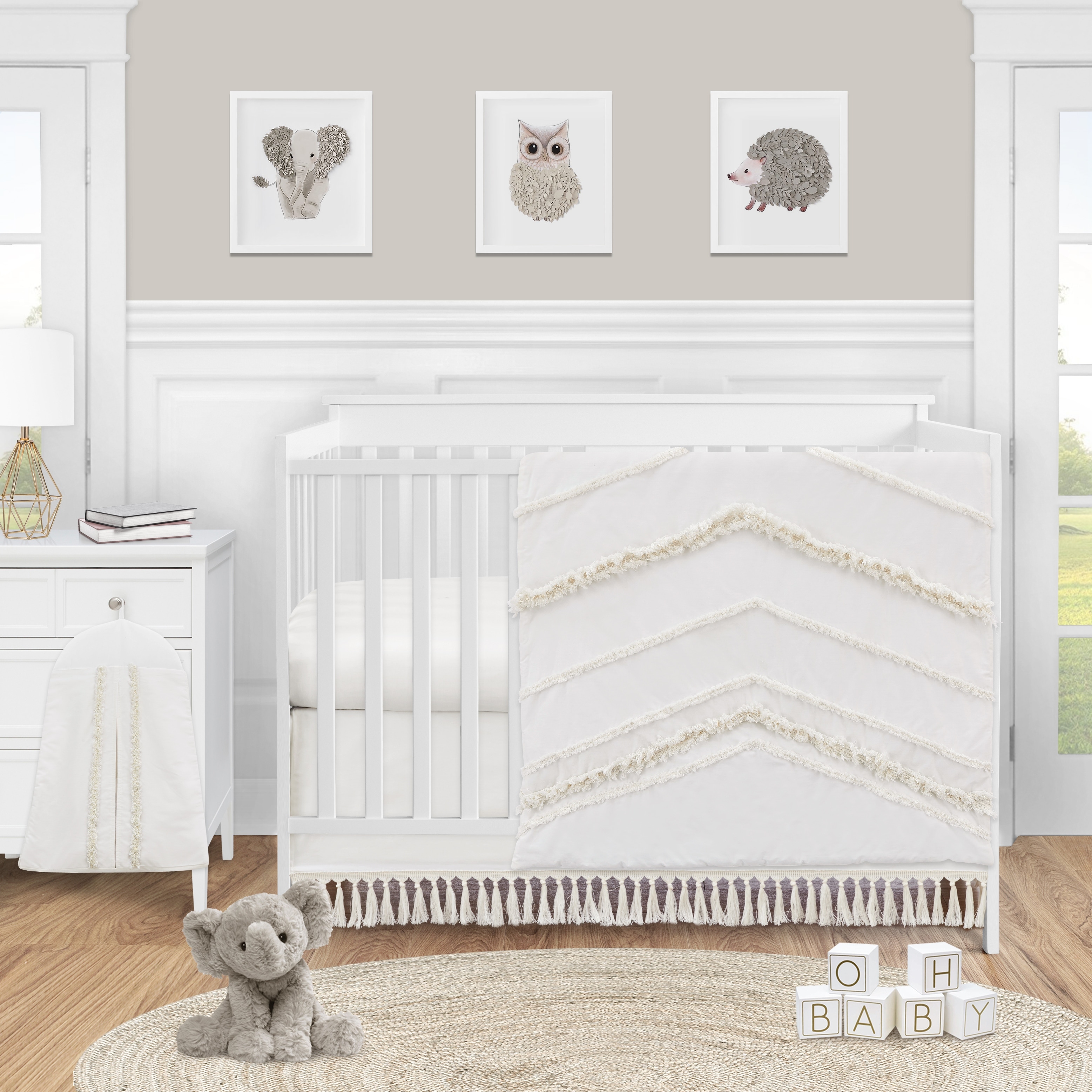 Ivory Gender Neutral Boho Bohemian Collection Girl Boy 4pc Nursery Crib Bedding Set - Off White Farmhouse Chic Fringe Cotton