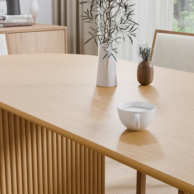 Large Oval Dining Table Seats 4-6 Modern Farmhouse Kitchen Table with Wood Strip Base for Home Living Room Kitchen Bar