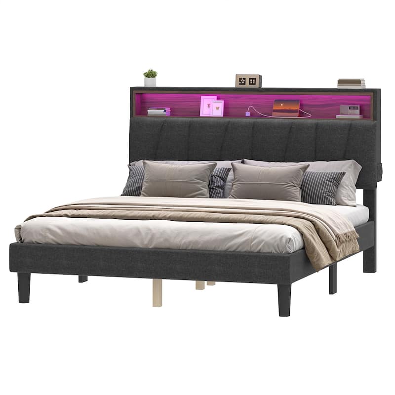 LED Bed Frame with Storage Headboard and Charging Station