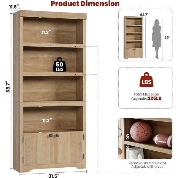 Farmhouse Bookcase with 2 Doors & Adjustable Shelves - Open Display ...
