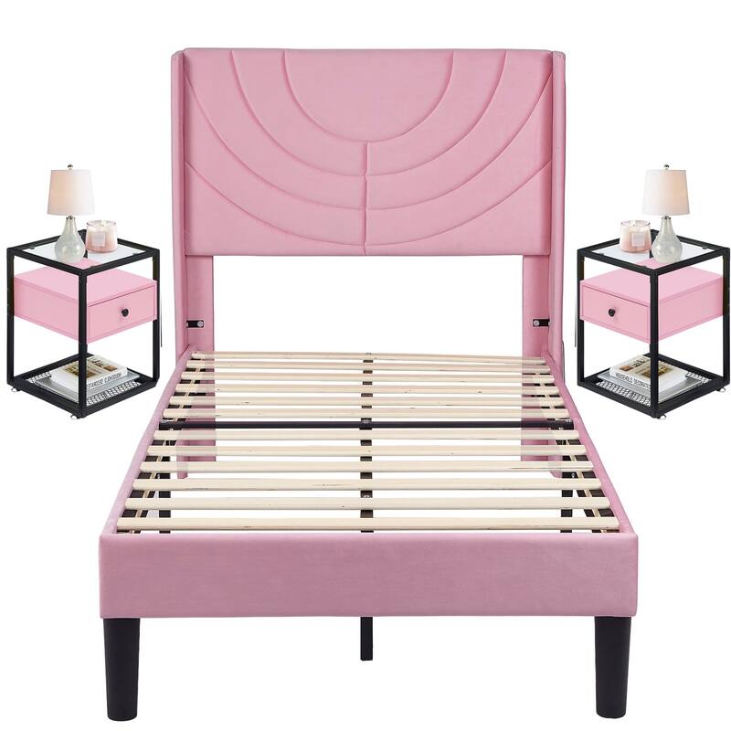 Bedroom Sets, 3-pieces Bedroom Set with Height Adjustable Upholstered Bed and Nightstands Set of 2-VECELO, 15 Style Options