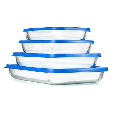 4-Piece Rectangular Glass Bakeware Set with Blue BPA-Free Lids and Oven Freezer Safe - 9.49'' W x 15.67'' L x 2.24'' H