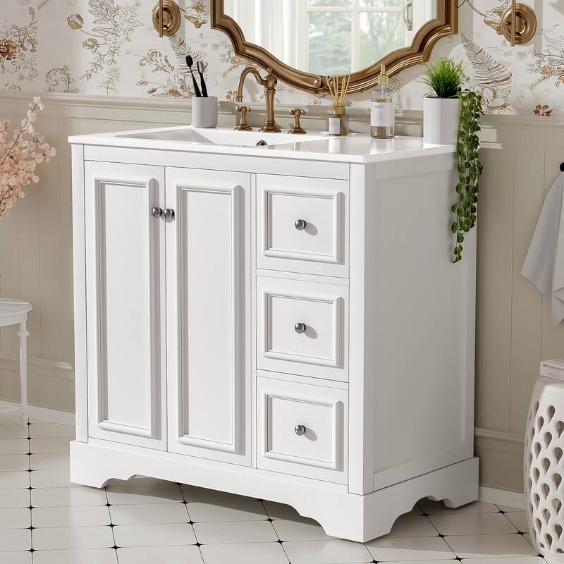 36" Transitional Bathroom Vanity with Ceramic Sink - 2 Soft-Close Doors, 3 Drawers (1 Divided), U-Shaped Shelf, Painted Finish