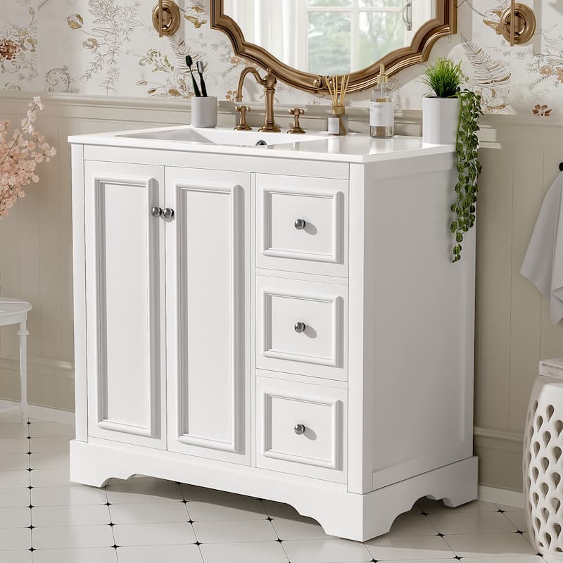 GDFStudio - Seren Bathroom Vanity with Ceramic Sink, Soft-Close Door, Drawers & Adjustable Shelf - 36" - White