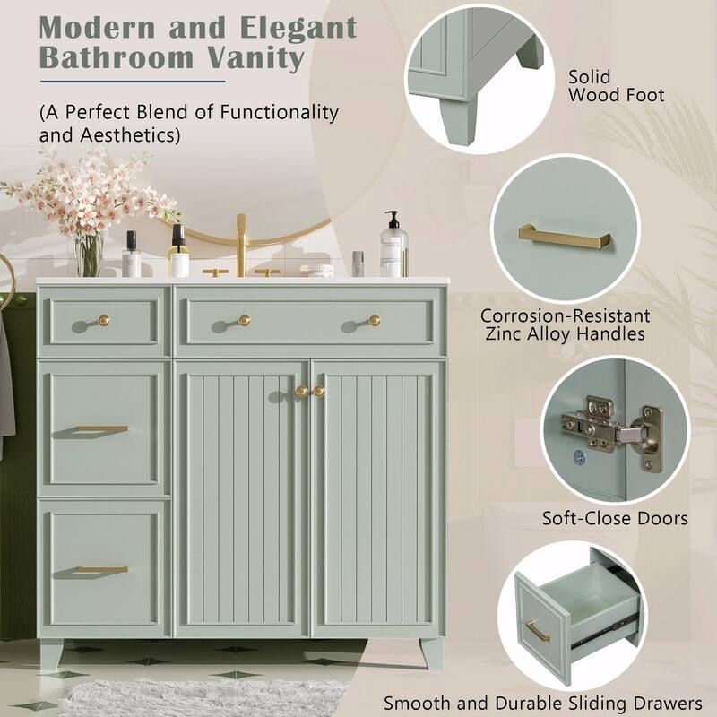 36" Bathroom Vanity with Ceramic Sink, Soft-Close Doors, Standard & Double-Layer Drawers & Adjustable Shelves