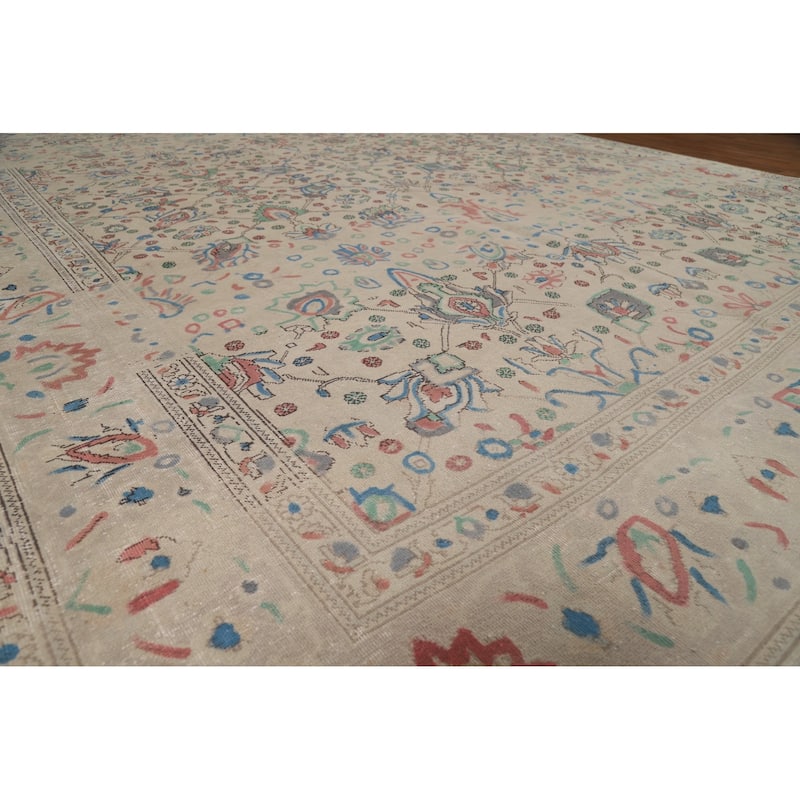 Hand Knotted Oriental 100% Wool Carpet Traditional All-Over Beige & Ivories Tabriz Area Rug - 12' 3'' X 9' 8''