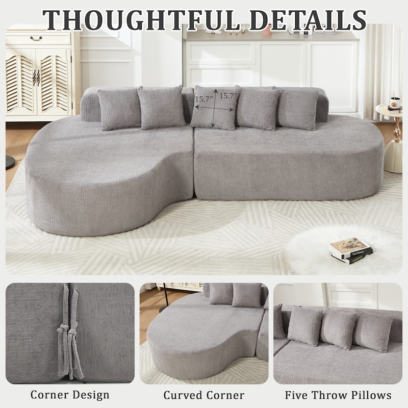 L-Shape Boneless Couch for Living Room, Curved Sectional Sofa Memory Foam Floor Sofa with 5 Pillows