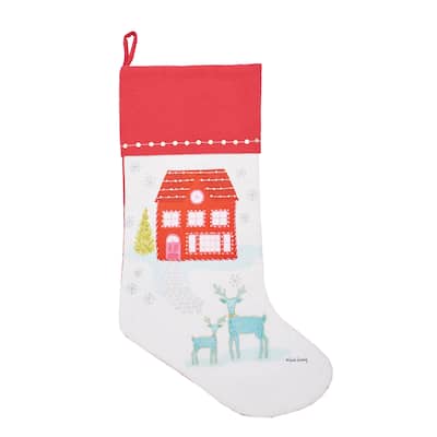 Red House & Deer Printed & Embellished Christmas Stocking - N/A