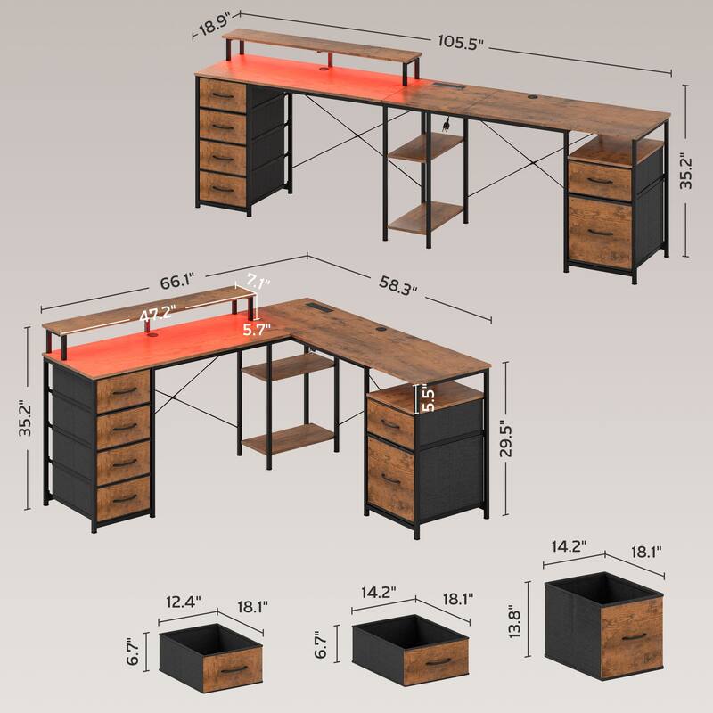 Corner Desk with File Drawer, Power Outlets and LED Lights,For Home and Office