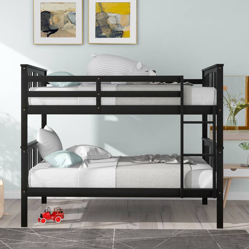 Twin Over Full Bunk Bed, Converted into 2 Beds, Solid Wood Bunkbeds Bedframe with Safety Rail and Ladder, for Kids/Teens Bedroom - Espresso - Full