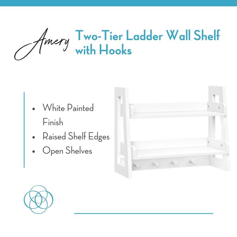 RiverRidge Amery 2-Tier Ladder Shelf with Hooks and Open Shelves for Bathroom, Entryway, and Living Room - White