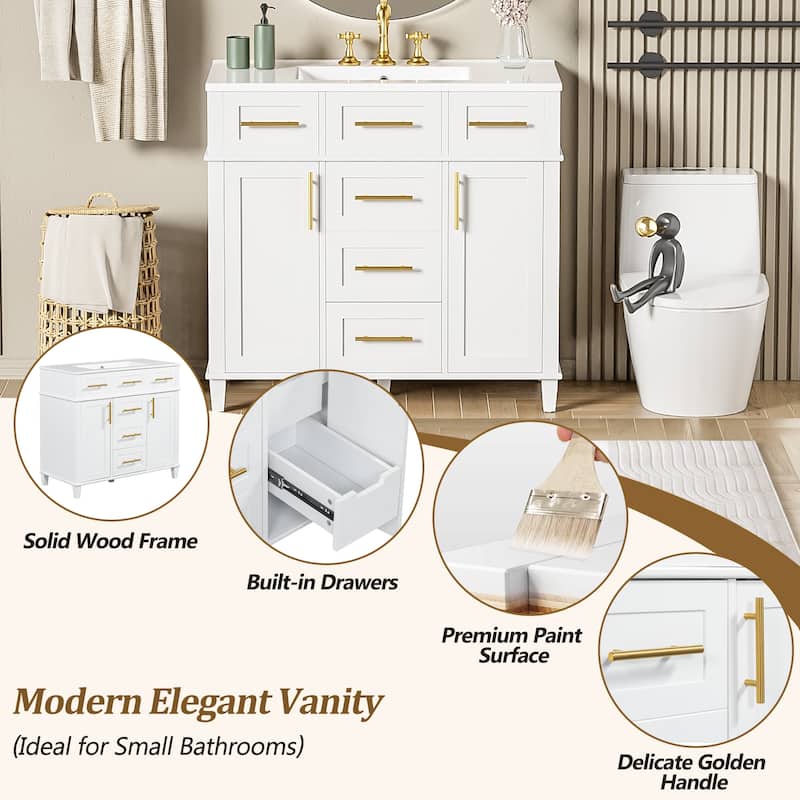 36" White Bathroom Vanity Cabinet with Ceramic Sink,Versatile Storage