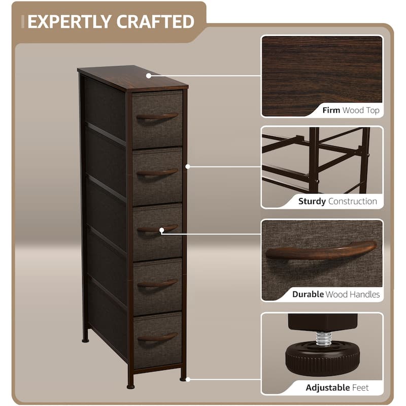 Sorbus Narrow Dresser with 5 Drawers - Vertical Slim Storage Chest of Drawers with Steel Frame, Wood Top & Easy Pull Fabric Bins