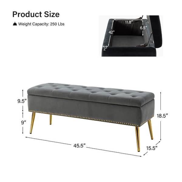 dimension image slide 10 of 19, HULALA HOME Neptunus Modern 45.5" W Velvet Bedroom Storage Bench for End of Bed with Nailhead Trim
