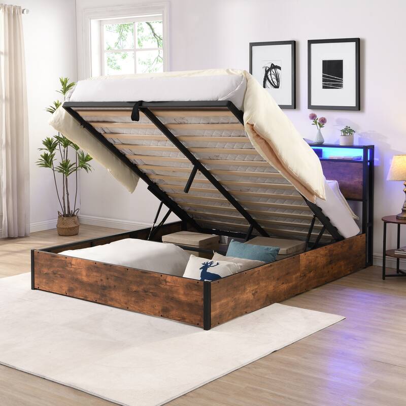 Queen Size Lift-Up Storage Bed Frame with Bookcase Headboard, LED Lights, and Charging Station