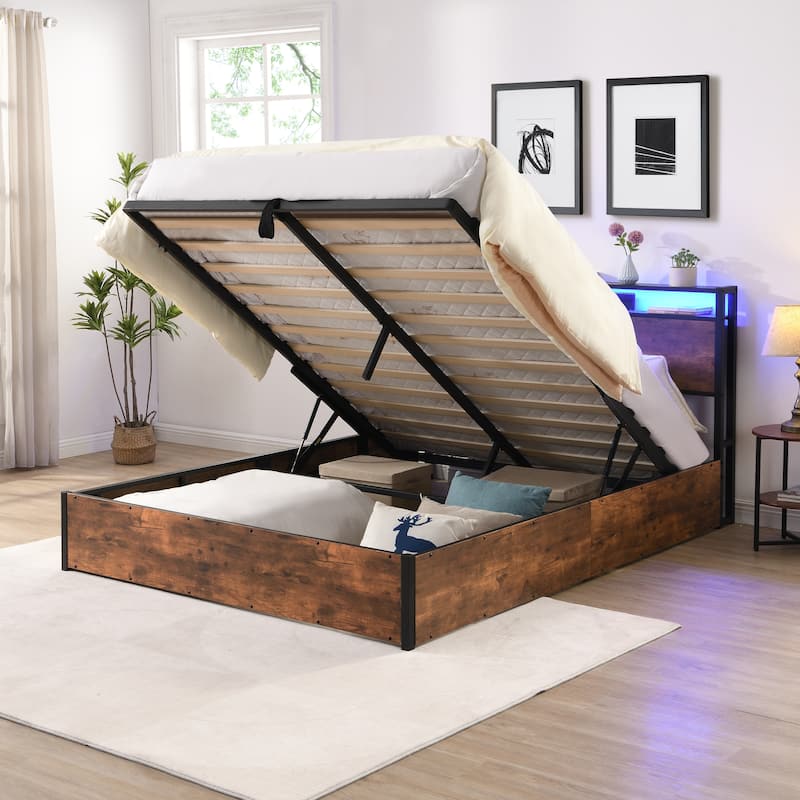 Rustic Brown Full Size Wooden Platform Bed with Bookcase Headboard,Charging Station and LED Lights