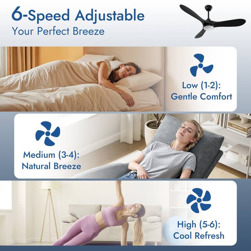 52" Quiet Ceiling Fans with Lights and Remote Control Reversible DC Motor,6 Speeds,3 Plastic Blades for Bedroom Living Room