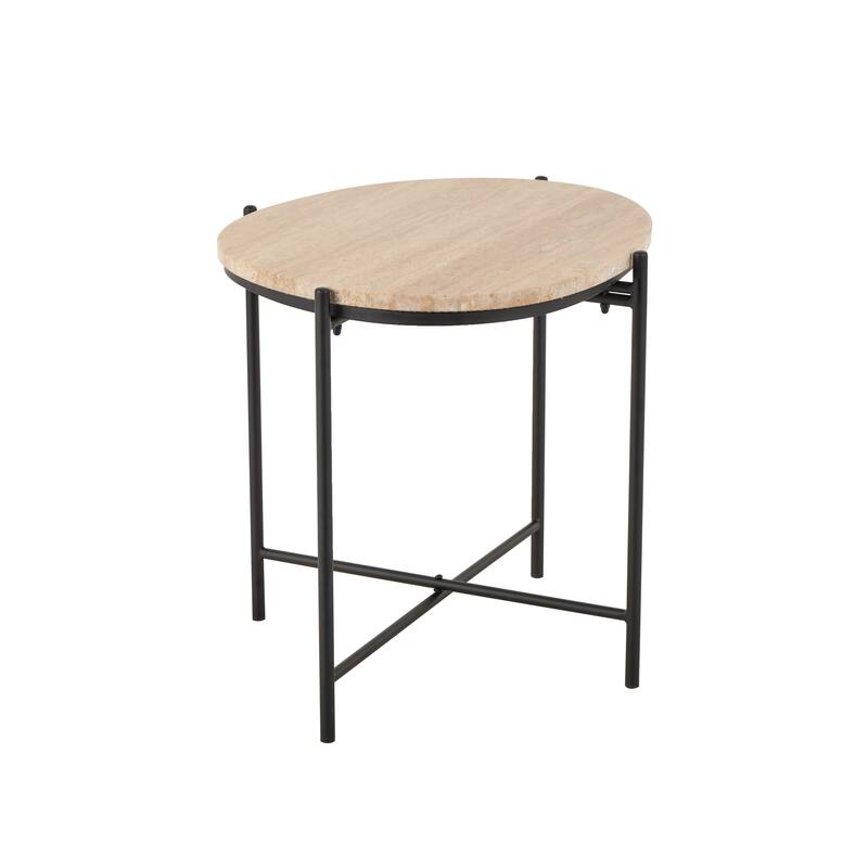 Beige Marble Side End Accent Table with Black Metal Support