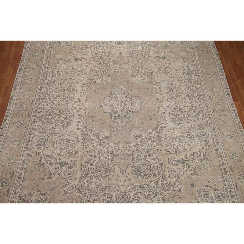 Hand Knotted Oriental 100% Wool Carpet Traditional Floral Beige & Ivories Tabriz Area Rug - 12' 7'' X 10' 0''