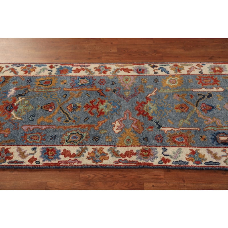 Blue Gray Floral Oushak Indian Foyer Rug Hand-Knotted Wool Carpet - 2'6"x 5'11"