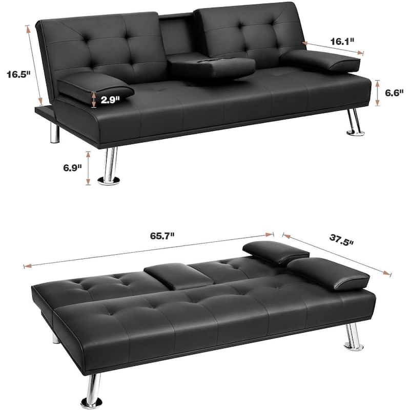 Furniwell Modern Faux Leather Futon with Cup Holders & Pillows, 65"