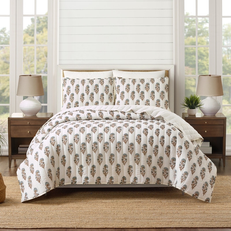 Block Print Mughal Flower 3-Piece Cotton Voile Quilt Set