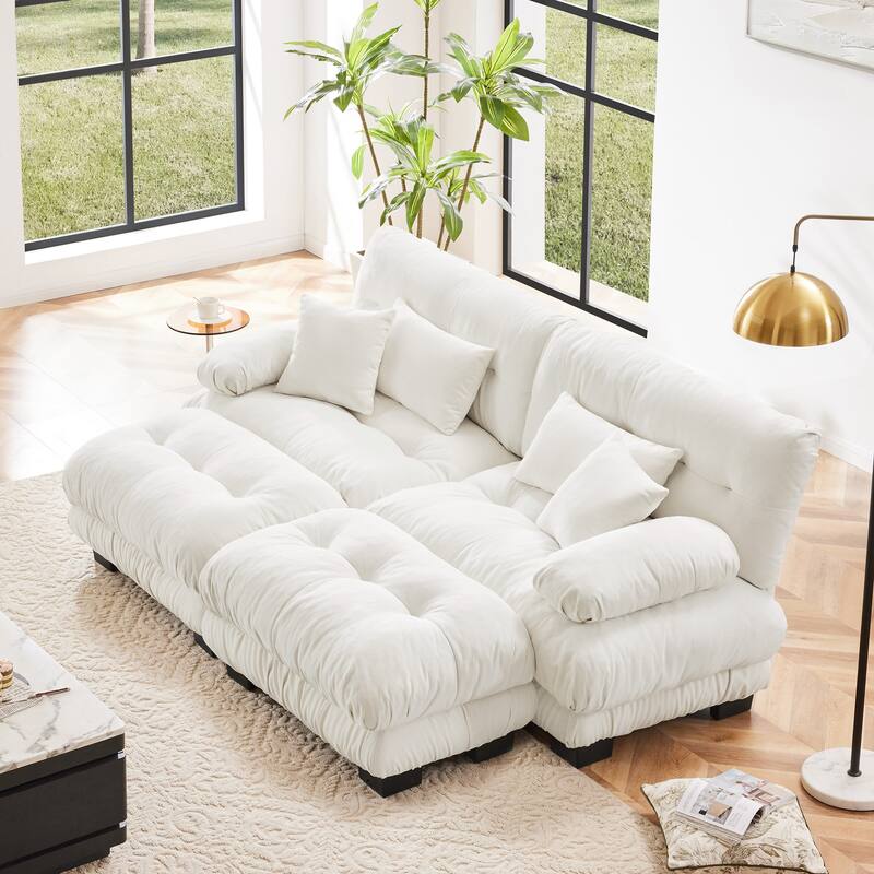 94.4" Chenille Cloud Sleeper Sofa with 2 Ottomans & Pillows - White