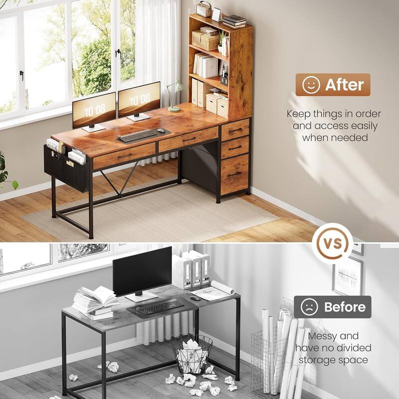L Shaped Computer Desk 5 fabric Drawers Gaming Desk Storage Shelf
