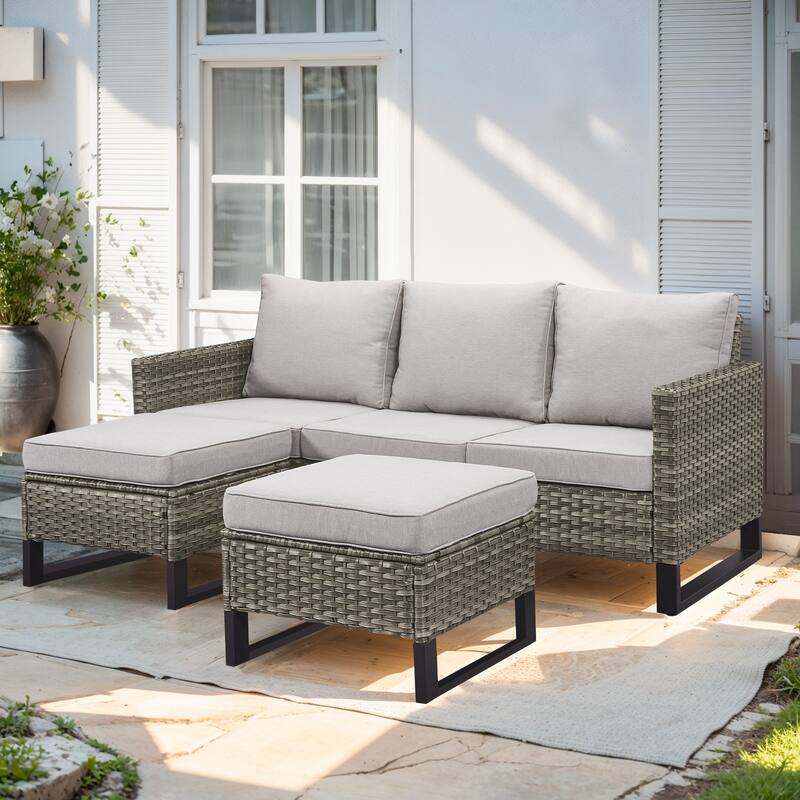 3 Pieces Patio Sofa with Ottoman Furniture - Grey - Beige