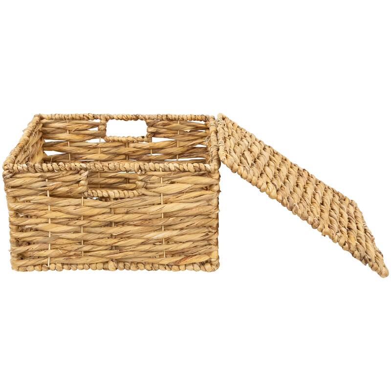 Set of 3 Camel Beige Woven Water Hyacinth Lidded Square Storage Baskets 15.5" - 15.5