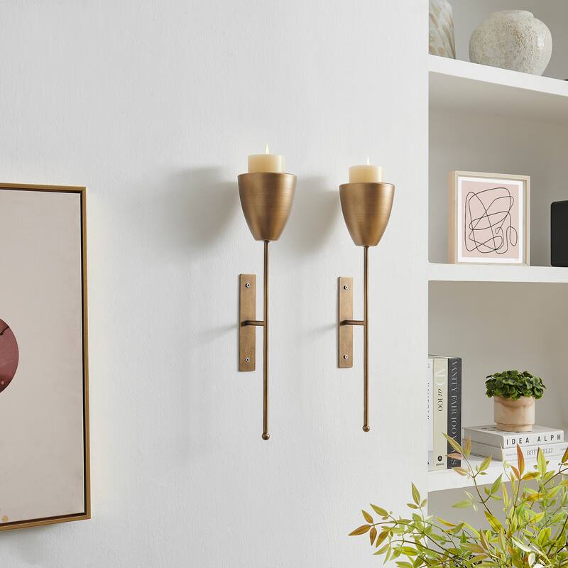 Antique Brass Mid-Century Modern Metal Wall Mount Vertical Pillar Candle Sconces Set of 2