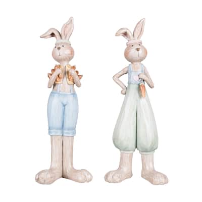 13.19" Standing Boy & Girl Easter Bunnies w/ Decorative Carrots Figure Figurine, Set of 2