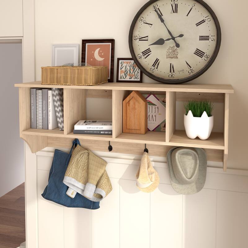 Entryway Wall Mounted Shelf Coat Rack with 4 Hanging Hooks - 44 inches