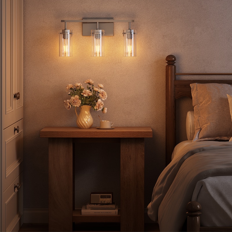 3-Light Brushed Nickel Bathroom Vanity Light with Clear Glass Shade