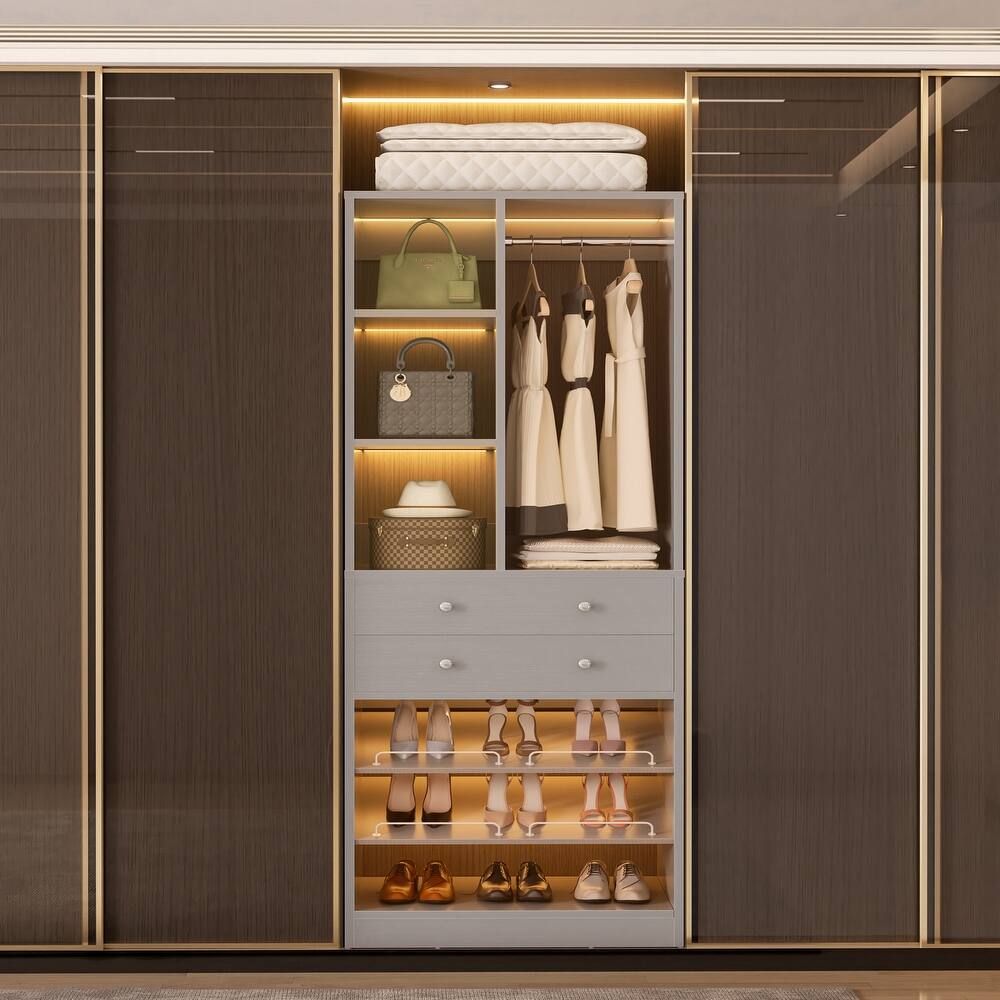 Grimm 28'' Closet Organizer with Shoe Racks and Drawers, Closet System with Hanging Rod and Adjustable Shelves