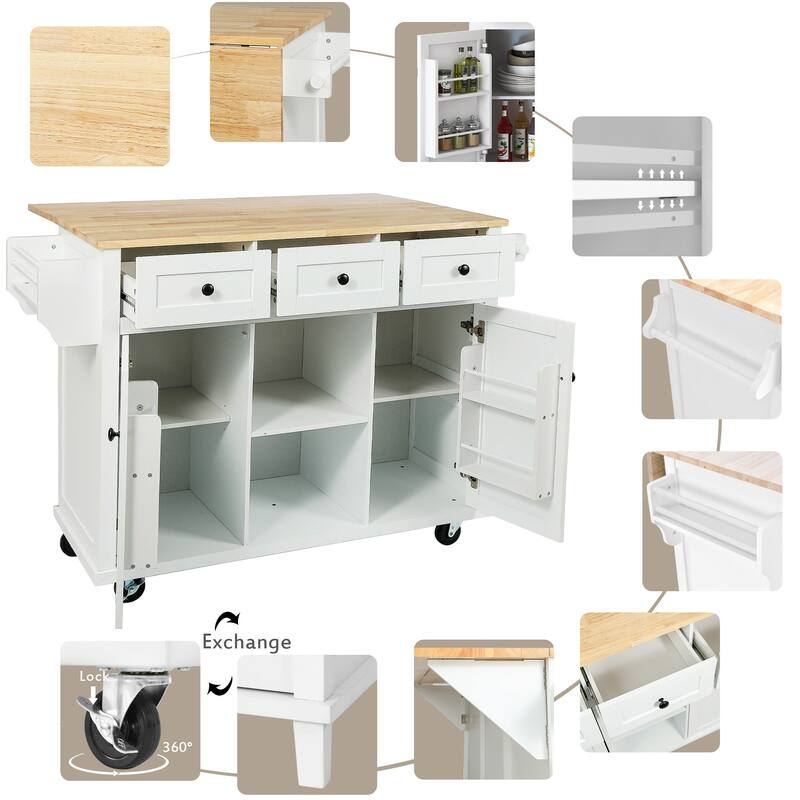 Rolling Kitchen Island Cart with Rubberwood Drop-Leaf Countertop, Storage Cabinet, Drawers & Adjustable Shelves