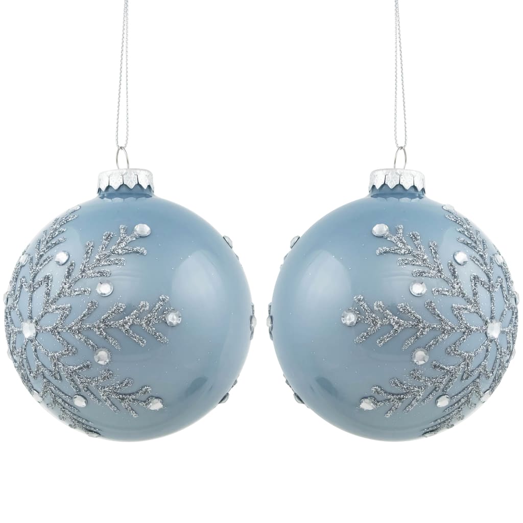 Set of 2 Shiny Stone Blue Glitter Snowflakes Glass Christmas Ball Ornaments 4"