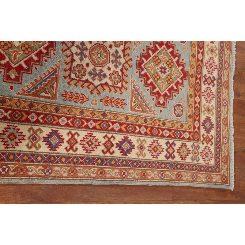 Geometric Kazak Accent Rug Handmade Blue Wool Carpet - 3'5" x 4'10"