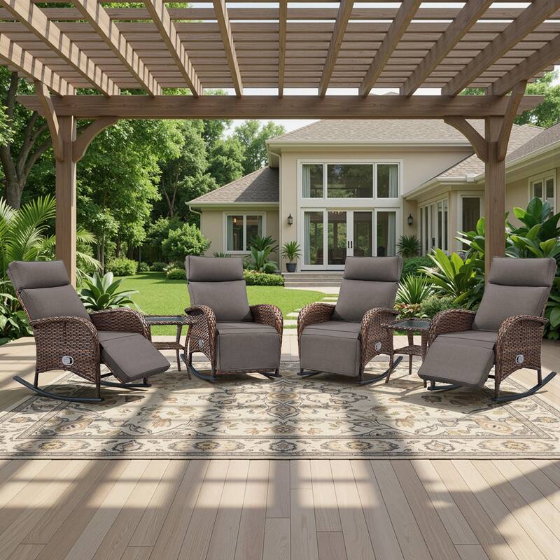 Meyreso 6-Piece Wicker Rocking Reclining Chaise Lounge with Adjustable Backrest & Footrest