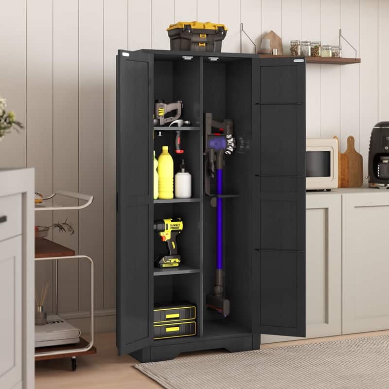 Moasis Broom Closet Storage Cabinet with Doors, Farmhouse Cleaning Tool Cabine with Shelves